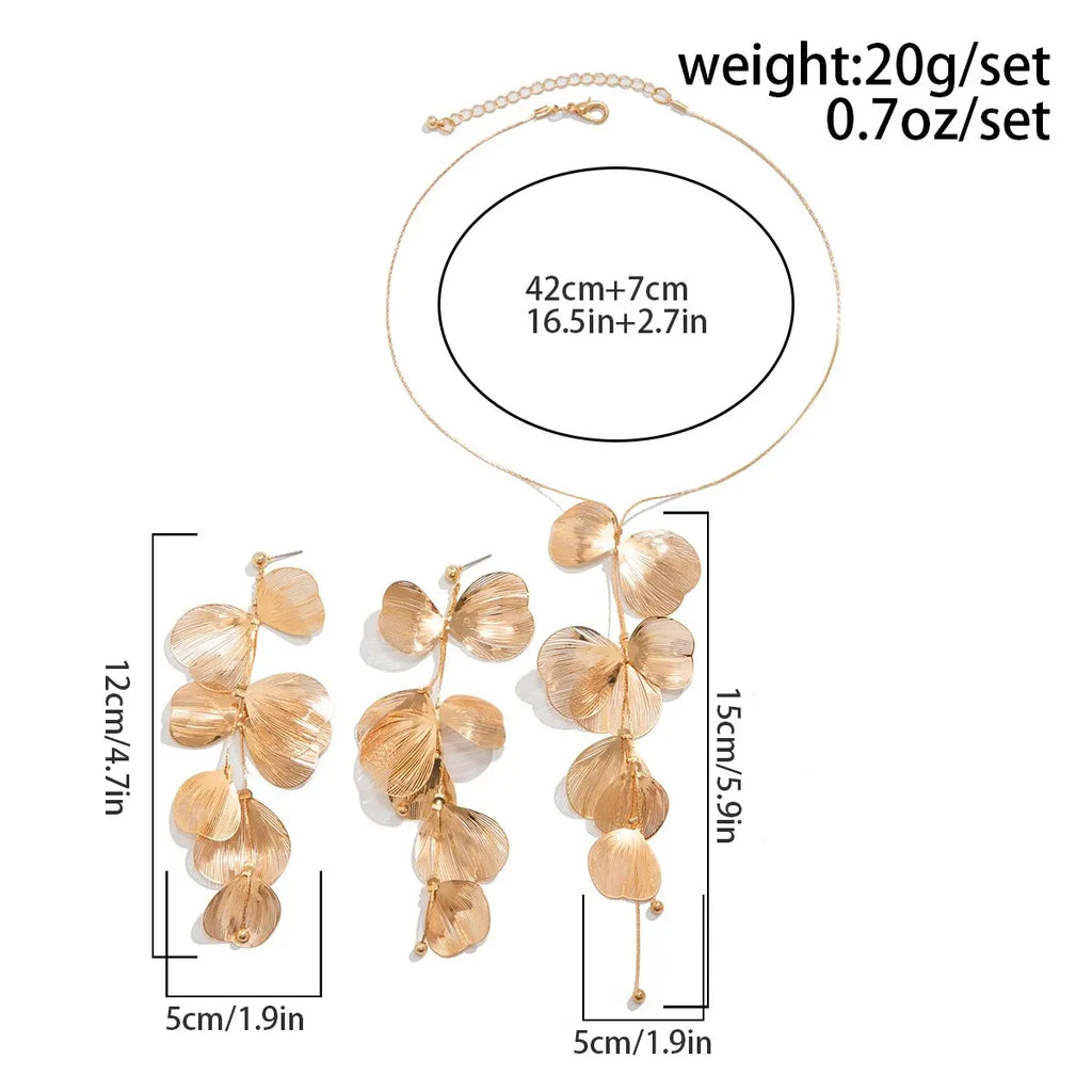Aesthetic Elegant Ginkgo Leaf Pendant Earrings Necklace Set for Women Romantic Bridal Tassel Jewelry Set Party Neck Accessories